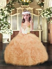 Modern Sleeveless Organza Floor Length Lace Up Pageant Dress for Teens in Peach with Beading and Ruffles and Pick Ups