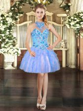  Baby Blue Homecoming Dress Prom and Party with Embroidery and Ruffles Halter Top Sleeveless Lace Up