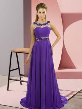 Classical Purple Chiffon Zipper Scoop Sleeveless Prom Evening Gown Brush Train Beading