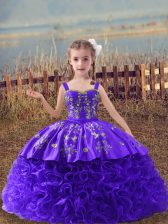 Admirable Fabric With Rolling Flowers Straps Sleeveless Sweep Train Lace Up Embroidery Little Girl Pageant Gowns in Purple