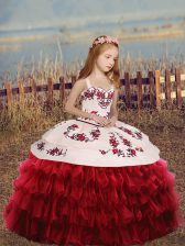  Floor Length Red Little Girls Pageant Gowns Straps Long Sleeves Lace Up