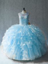  Organza Scoop Sleeveless Lace Up Beading and Ruffles 15th Birthday Dress in Blue