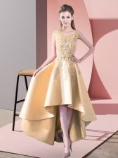 Modest A-line Dama Dress Gold Scoop Satin Sleeveless High Low Zipper