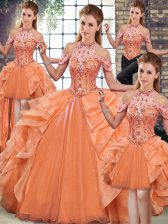  Orange 15 Quinceanera Dress Military Ball and Sweet 16 and Quinceanera with Beading and Ruffles Halter Top Sleeveless Lace Up