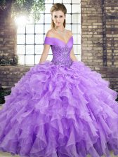 Enchanting Off The Shoulder Sleeveless Organza Ball Gown Prom Dress Beading and Ruffles Brush Train Lace Up
