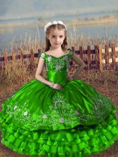  Off The Shoulder Sleeveless Satin and Organza Pageant Gowns For Girls Embroidery and Ruffled Layers Lace Up