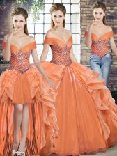 Pretty Floor Length Orange Sweet 16 Dress Organza Sleeveless Beading and Ruffles