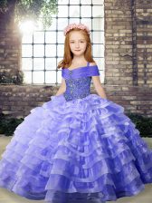  Brush Train Ball Gowns Girls Pageant Dresses Lavender Straps Organza Sleeveless Lace Up