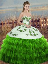 Unique Embroidery and Ruffled Layers and Bowknot Quince Ball Gowns Green Lace Up Sleeveless Floor Length