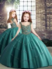  Teal Ball Gowns Beading Little Girls Pageant Gowns Lace Up Tulle Sleeveless Floor Length