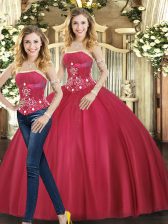 Free and Easy Red Ball Gowns Tulle Strapless Sleeveless Beading Floor Length Lace Up 15 Quinceanera Dress