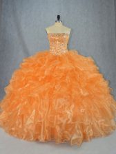  Orange 15th Birthday Dress Sweet 16 and Quinceanera with Beading and Ruffles Strapless Sleeveless Lace Up
