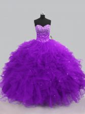 Fabulous Tulle Sweetheart Sleeveless Lace Up Beading and Ruffles Quince Ball Gowns in Purple