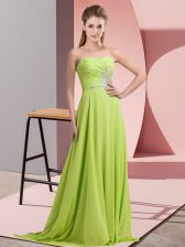 Clearance Yellow Green Chiffon Lace Up Sweetheart Long Sleeves Floor Length Prom Party Dress Beading and Ruching