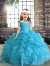  Floor Length Lace Up Little Girls Pageant Gowns Blue for Party and Wedding Party with Beading and Ruffles and Pick Ups