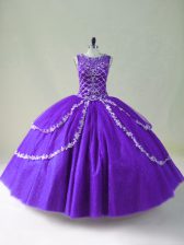 Modest Sleeveless Floor Length Beading and Appliques Zipper Vestidos de Quinceanera with Purple