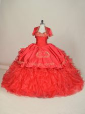 Stylish Sleeveless Satin and Organza Brush Train Lace Up 15 Quinceanera Dress in Red with Embroidery and Ruffles