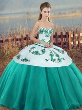  Sleeveless Tulle Floor Length Lace Up Quinceanera Dress in Turquoise with Embroidery and Bowknot