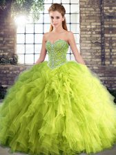 Fine Sweetheart Sleeveless 15th Birthday Dress Floor Length Beading and Ruffles Yellow Green Tulle