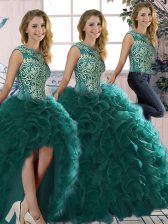 Great Floor Length Peacock Green Quince Ball Gowns Organza Sleeveless Beading and Ruffles