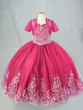 Latest Floor Length Hot Pink Little Girl Pageant Gowns Spaghetti Straps Sleeveless Lace Up