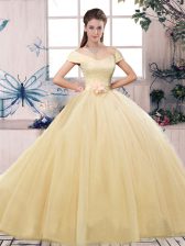 Amazing Champagne Lace Up Off The Shoulder Lace and Hand Made Flower Vestidos de Quinceanera Tulle Short Sleeves