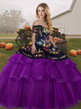  Black And Purple Tulle Lace Up Quince Ball Gowns Sleeveless Brush Train Embroidery and Ruffled Layers