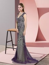 Fancy V-neck Sleeveless Tulle Dress for Prom Beading Sweep Train Zipper
