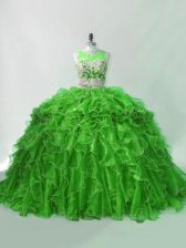  Sleeveless Organza Brush Train Zipper Quinceanera Dresses in Green with Beading and Ruffles