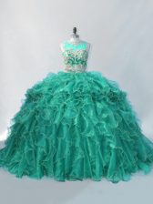 Ideal Turquoise Sleeveless Beading and Ruffles Zipper Quinceanera Dress
