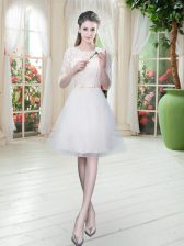  White Lace Up Prom Evening Gown Lace Half Sleeves Knee Length