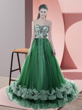 Designer Sleeveless Tulle Sweep Train Lace Up Prom Dress in Green with Beading and Appliques