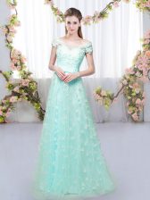 Customized Floor Length Empire Cap Sleeves Apple Green Dama Dress for Quinceanera Lace Up