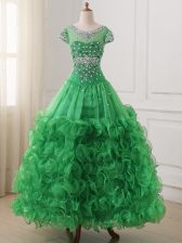 Elegant Cap Sleeves Floor Length Beading and Ruffles Lace Up High School Pageant Dress with Green