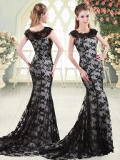 Fashion Black Mermaid Lace Scoop Sleeveless Appliques Zipper Prom Evening Gown Sweep Train