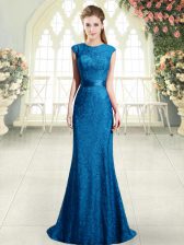 Clearance Blue Backless Scoop Beading and Lace Dress for Prom Cap Sleeves Sweep Train