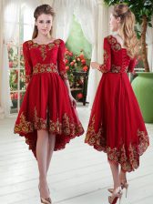 Gorgeous Wine Red Satin Lace Up Scoop Long Sleeves High Low Dress for Prom Embroidery