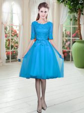 Eye-catching Blue Half Sleeves Lace Knee Length Prom Evening Gown