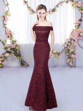 Custom Design Burgundy Sleeveless Floor Length Lace Lace Up Court Dresses for Sweet 16