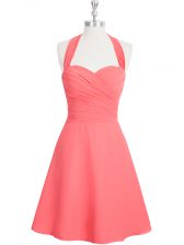 Glittering A-line Prom Gown Watermelon Red Halter Top Chiffon Sleeveless Mini Length Zipper
