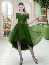 Fine High Low A-line Short Sleeves Green Prom Party Dress Lace Up