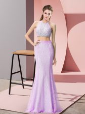 Exceptional Lilac Backless Halter Top Beading and Lace Prom Party Dress Lace Sleeveless