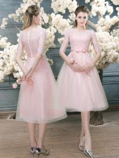 Pretty Pink Half Sleeves Tulle Zipper Prom Dress for Prom and Party