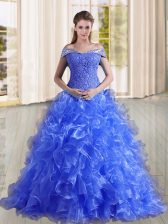 Fantastic Blue Sleeveless Beading and Lace and Ruffles Lace Up Ball Gown Prom Dress