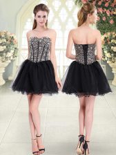 Edgy A-line Dress for Prom Black Sweetheart Tulle Sleeveless Mini Length Lace Up