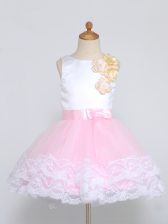 Romantic Ball Gowns Toddler Flower Girl Dress Pink And White Scoop Tulle Sleeveless Mini Length Zipper