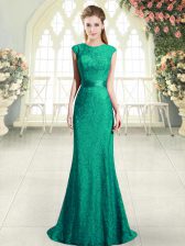 New Style Turquoise Evening Dress Sweep Train Cap Sleeves Beading and Lace