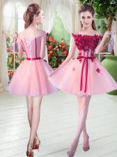 Wonderful Off The Shoulder Sleeveless Homecoming Dress Mini Length Beading and Appliques Pink Tulle