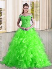  A-line Off The Shoulder Sleeveless Organza Sweep Train Lace Up Beading and Lace and Ruffles Quince Ball Gowns