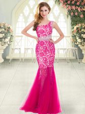  Tulle One Shoulder Sleeveless Zipper Beading and Lace Evening Dress in Hot Pink